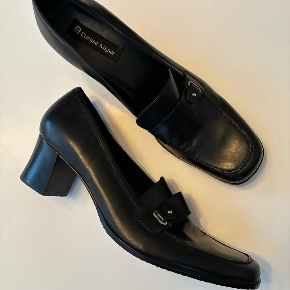 Etienne Aigner Black Leather Loafer style 2" women's heels. 11M, New $65. - Picture 2 of 5